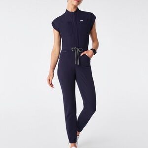 Figs Navy Short-Sleeve Utility Jumpsuit with Drawstring